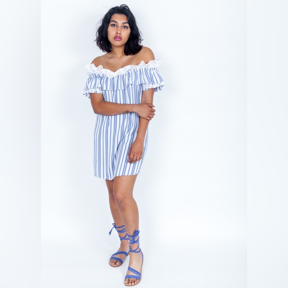 MISA Los Angeles Linen Carina Dress Blue Stripes Size XS